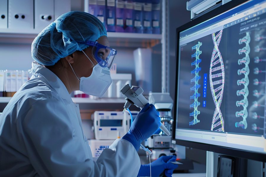 scientist-lab-with-blue-lab-coat-gloves-holding-microscope