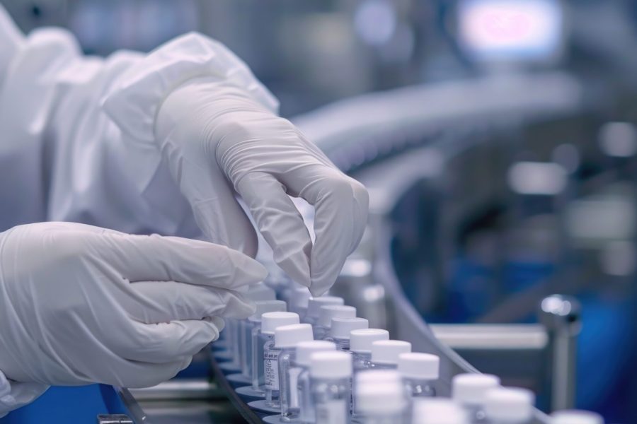 A person in a lab coat and gloves operating machinery