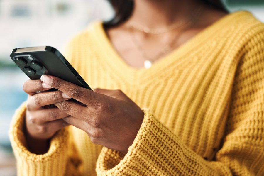 Woman, hands and smartphone or texting for business, browsing and searching for ecommerce order or startup. Networking, communication and mobile app or work website post, online and creative agency.